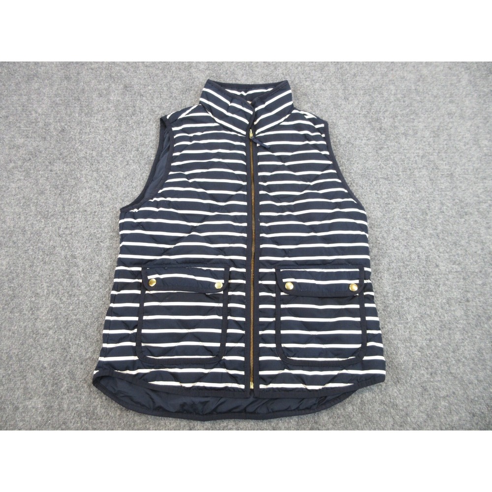 J Crew Vest Womens Medium Navy Blue Striped Quilted Down Puffer Full Zip Pockets
